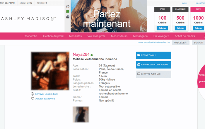 Exemple de profil membre sur AshleyMadison.com