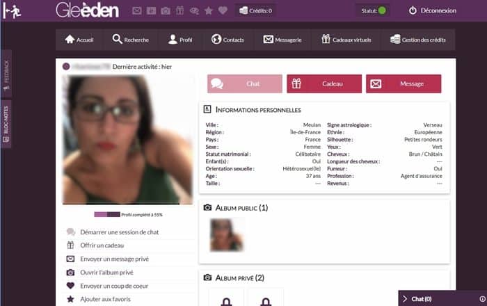 Exemple d'un profil inscrit sur Gleeden.com