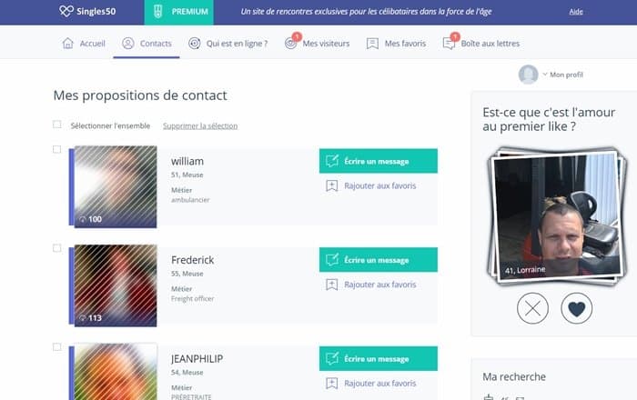 Page de contacts proposés par le site