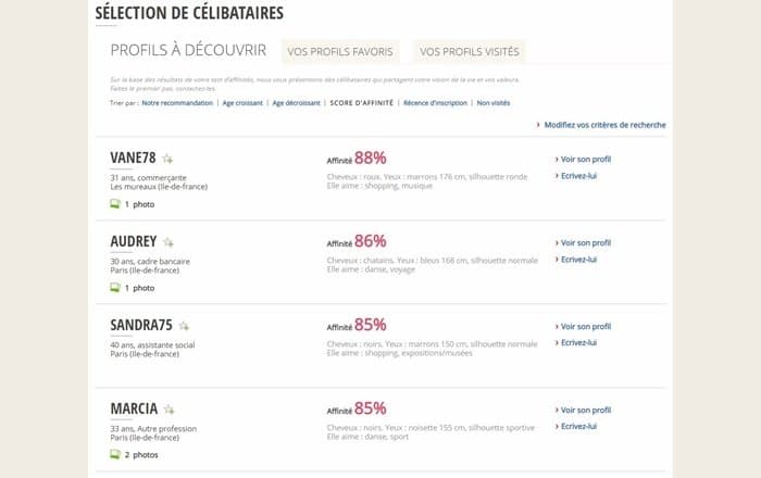 Page de profils compatibles sur Affiny