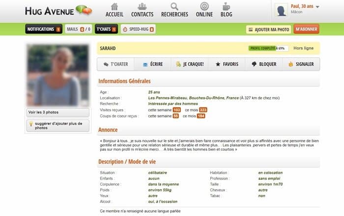 Exemple de profil de femme sur HugAvenue
