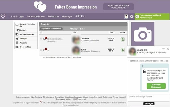 Page de messagerie sur AsianDating