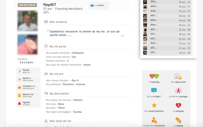 Exemple de profil d'inscrit sur Celibest