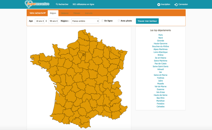 Région et département disponibles sur le site Superencontre